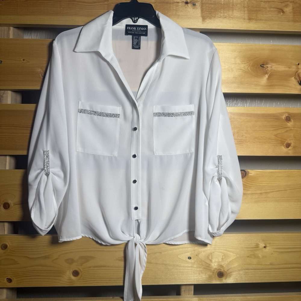 Frank Lyman Blouse Women 10 White Rhinestone Tie Front Roll Tab Sleeve Glam